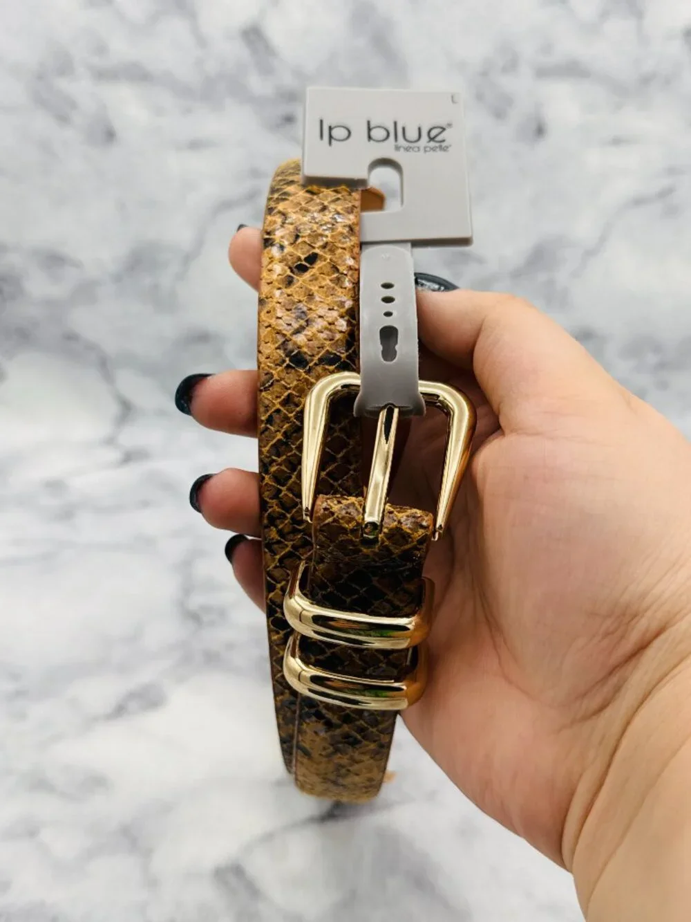 LP Blue Snake Print Belt Caramel Animal Print Gold Buckle 1.5in Width,Size L,NEW - Picture 3 of 11